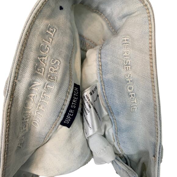 American Eagle Hi Rise Shortie Distressed Light Blue Wash Raw Hem Shorts sz 00 - Picture 13 of 16